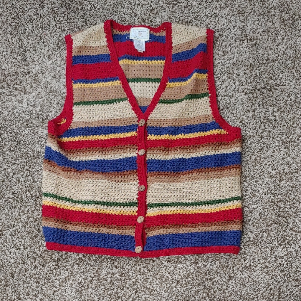 VTG Susan Bristol Crochet Vest Women's Multi-Color Striped Knit Sweater Size M